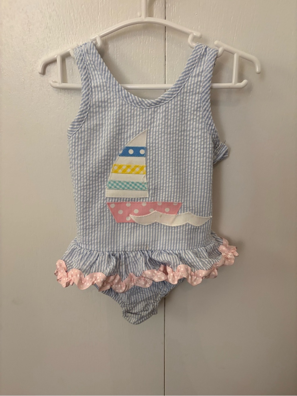 Girls Blue Seersucker Sailboat Ruffle One-Piece Swimsuit